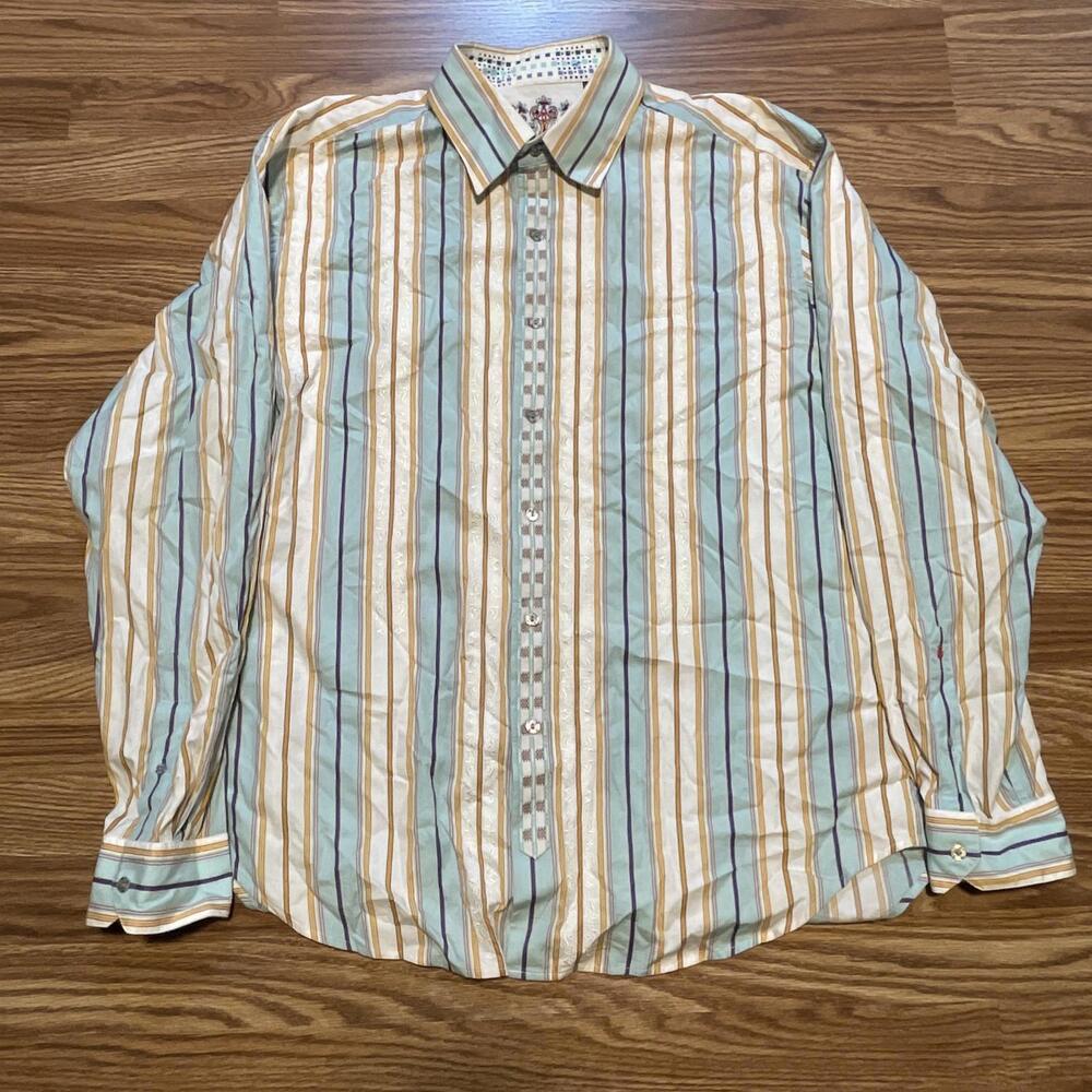 Robert Graham Flip Cuff Button Front Striped Teal  Orange Embroidered Spring 2XL